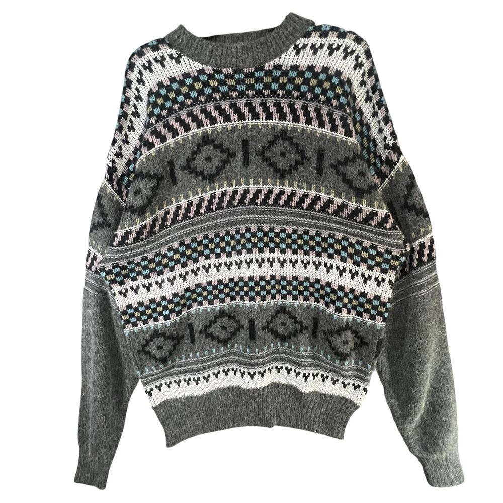 Vintage Together! Knit Sweater Men L Gray Geometric Fair Isle Retro Cozy Grandpa